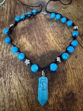 Handmade Crochet Turquoise Blue Beaded Pendant Necklace - Women Jewelry